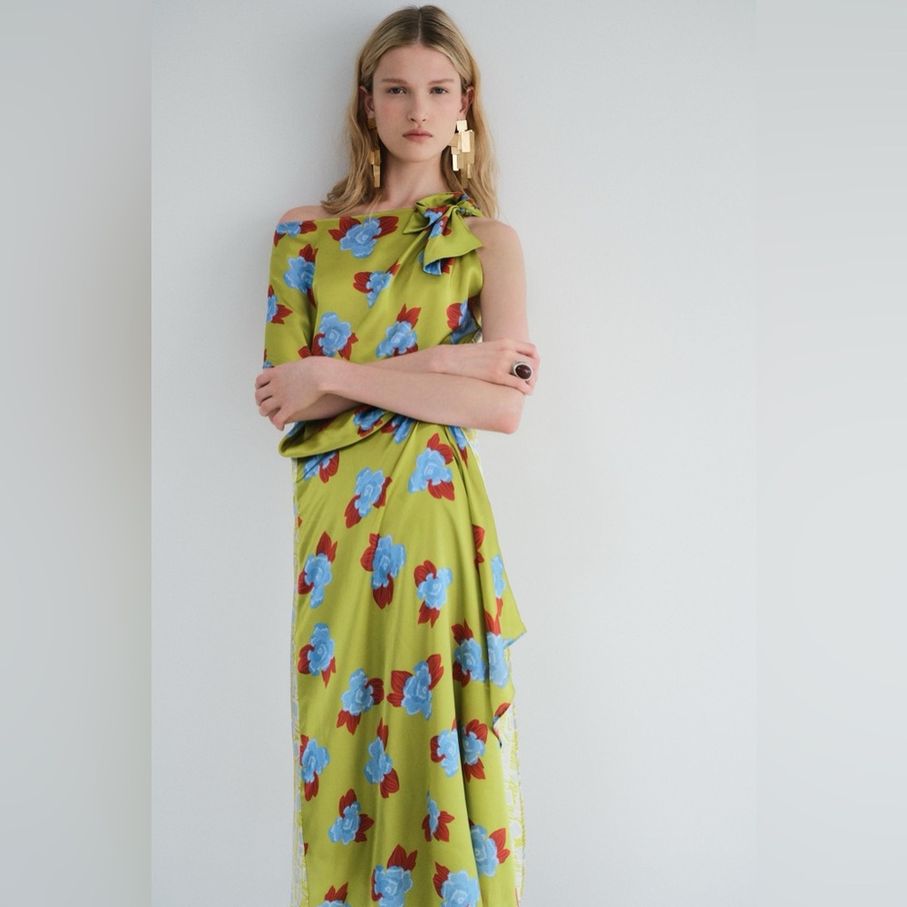 NWOT Zara studio Silk Midi Dress Green Floral Asymmetric Neckline 8731/727